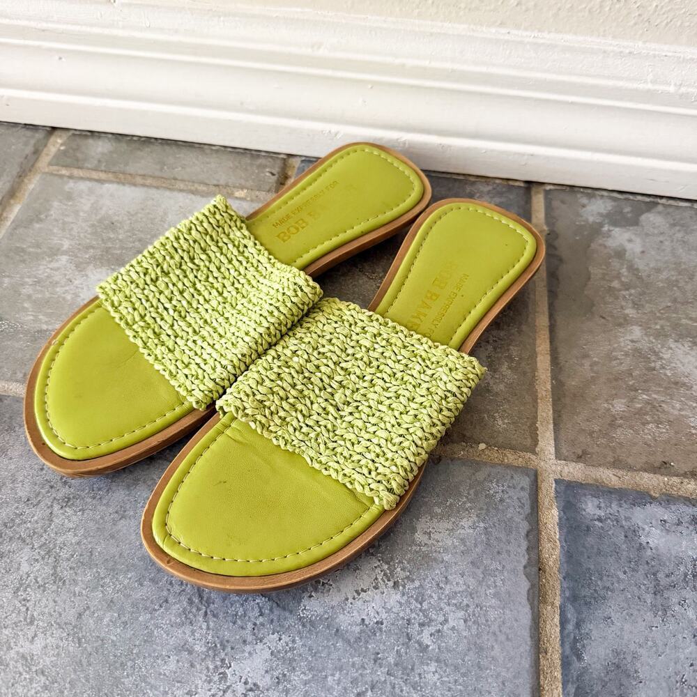 Bob Baker Bright Green Woven Slide Sandals Raffia Strap Slip On Women’s Size 7